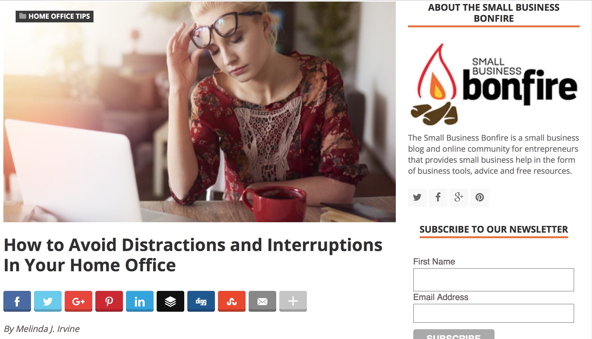 screen shot of a guest post written by Melinda J. Irvine on the Small Business Bonfire website