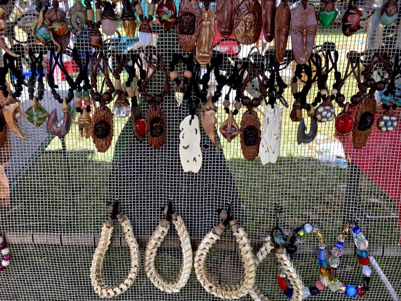 snake bone bracelets at a market stall