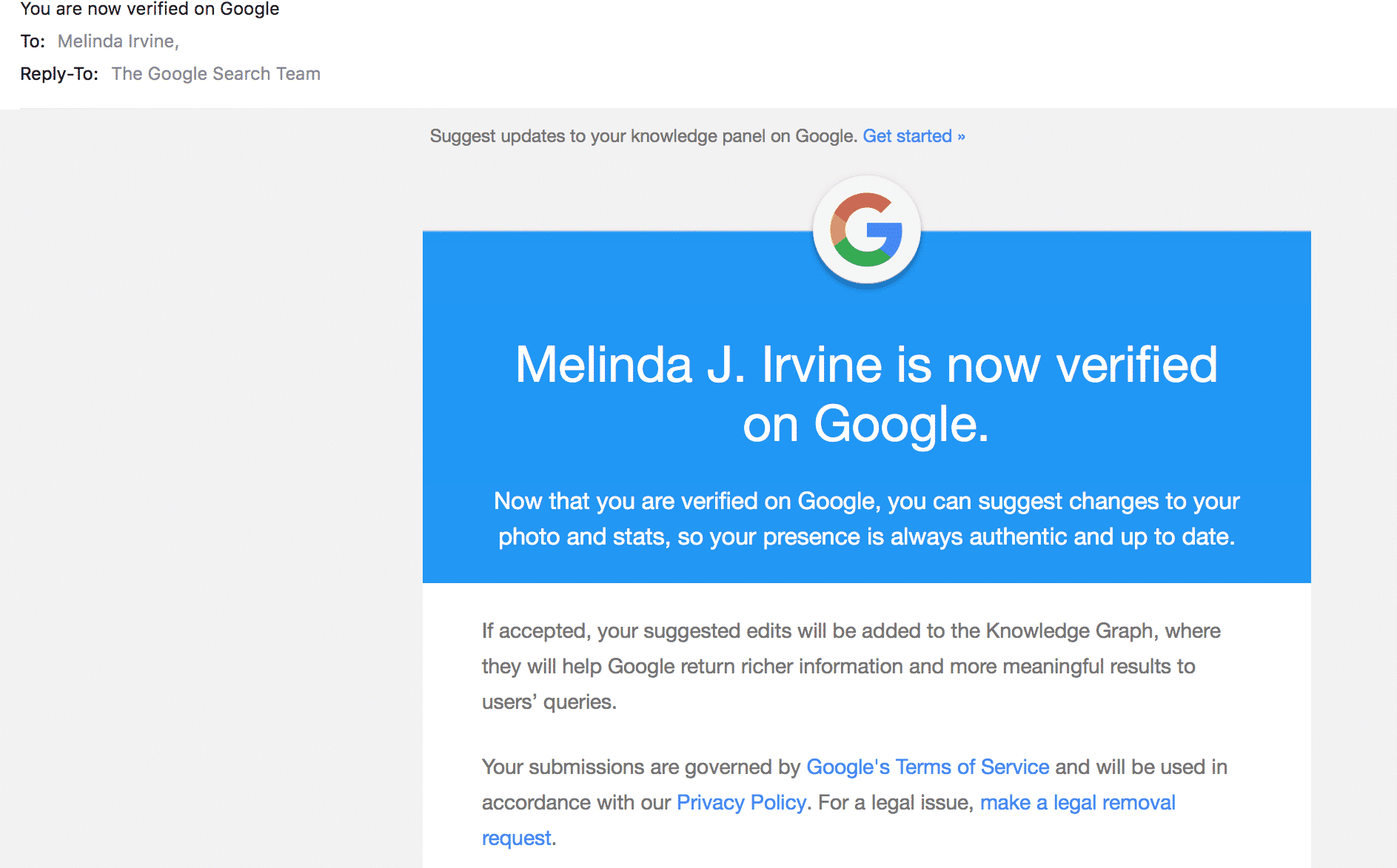 Melinda J. Irvine is now verified on Google