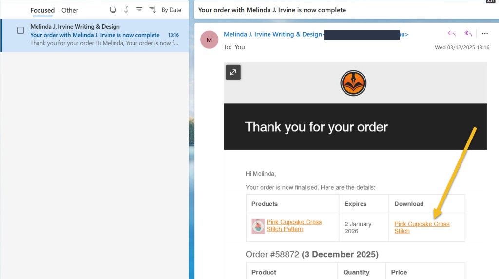 screenshot of confirmation email from https://melirvine.com.au/shop