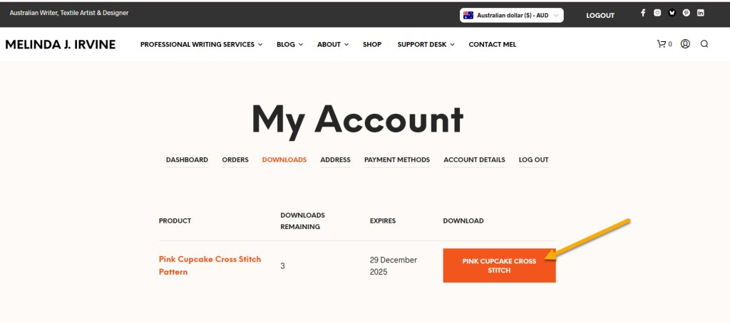 screenshot from account page on melirvine.com.au showing download tab
