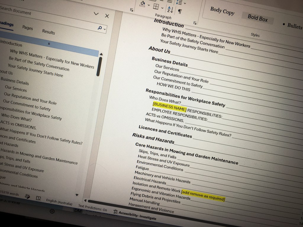 table of contents page and sidebar from safety and induction handbook designed by Melinda J. Irvine